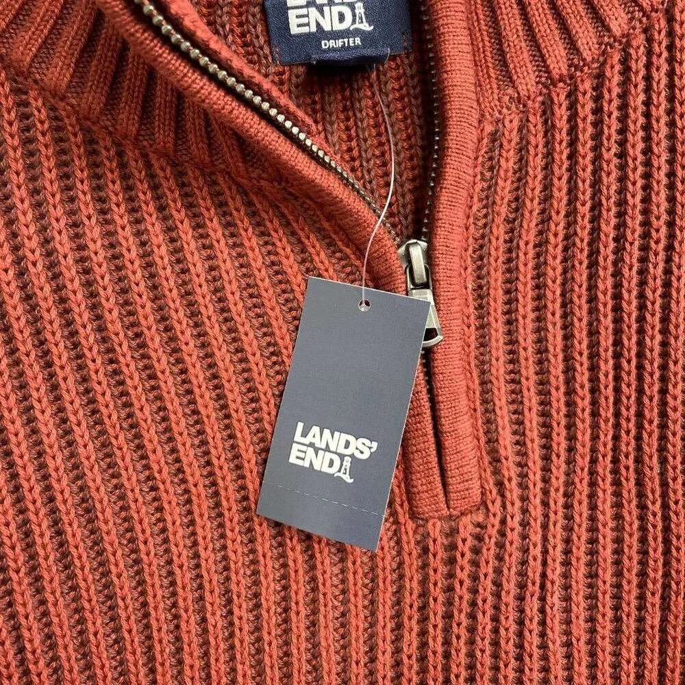 NEW Lands' End Drifter Men's XL 1/4 Zip Ribbed Sweater Rust Red 100% Cotton